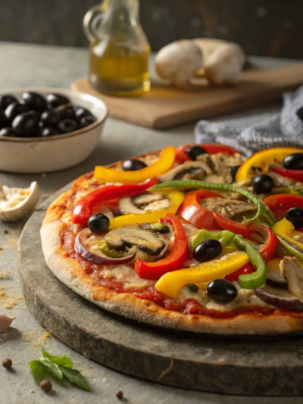 An artistic shot of a vegetarian pizza with colorful vegetables like bell peppers, mushrooms, and olives, emphasizing the healthy and flavorful options available. The pizza is placed on a wooden board.