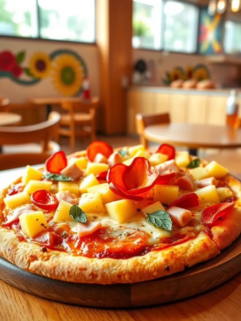 A vibrant Hawaiian pizza with golden pineapple chunks, savory ham slices, and melted cheese on a crispy crust, highlighting the sweet and savory combination.