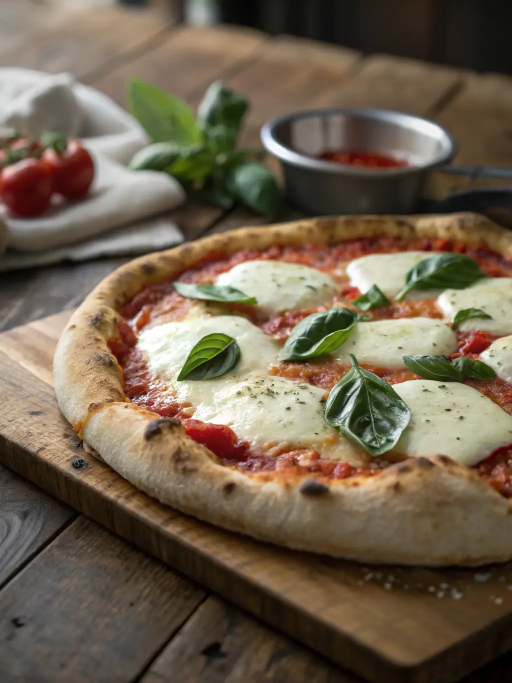 A close-up shot of a perfectly baked Margherita pizza with fresh basil leaves, vibrant red tomatoes, and melted mozzarella cheese, showcasing the simplicity and elegance of this classic pizza.