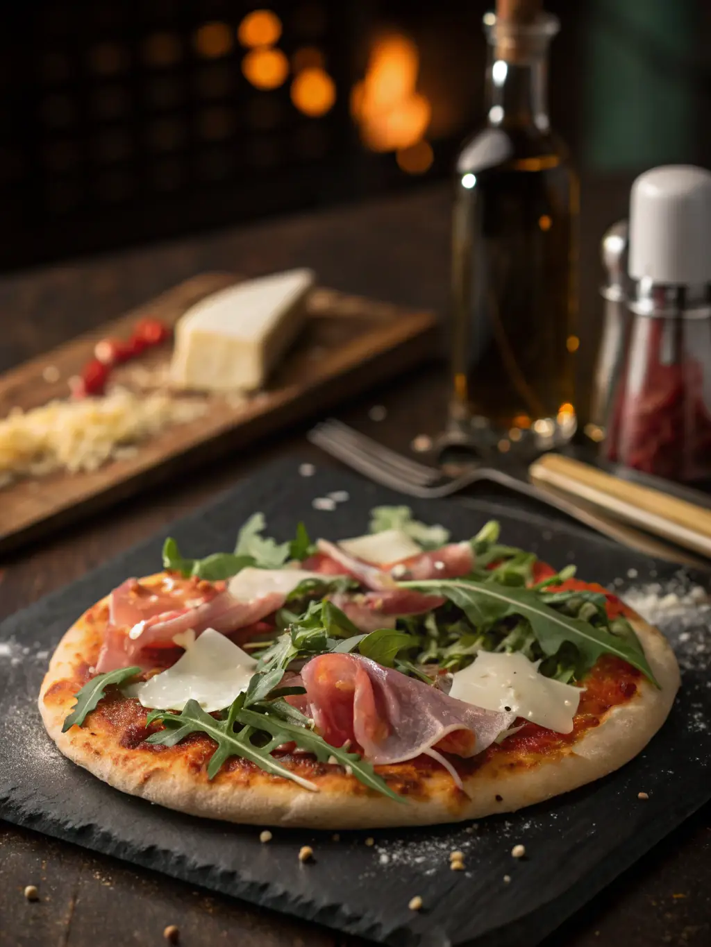 A mouth-watering image of a gourmet pizza with unique toppings like prosciutto, arugula, and truffle oil, showcasing the upscale and innovative offerings of Crust Pizza. The pizza is elegantly presented.