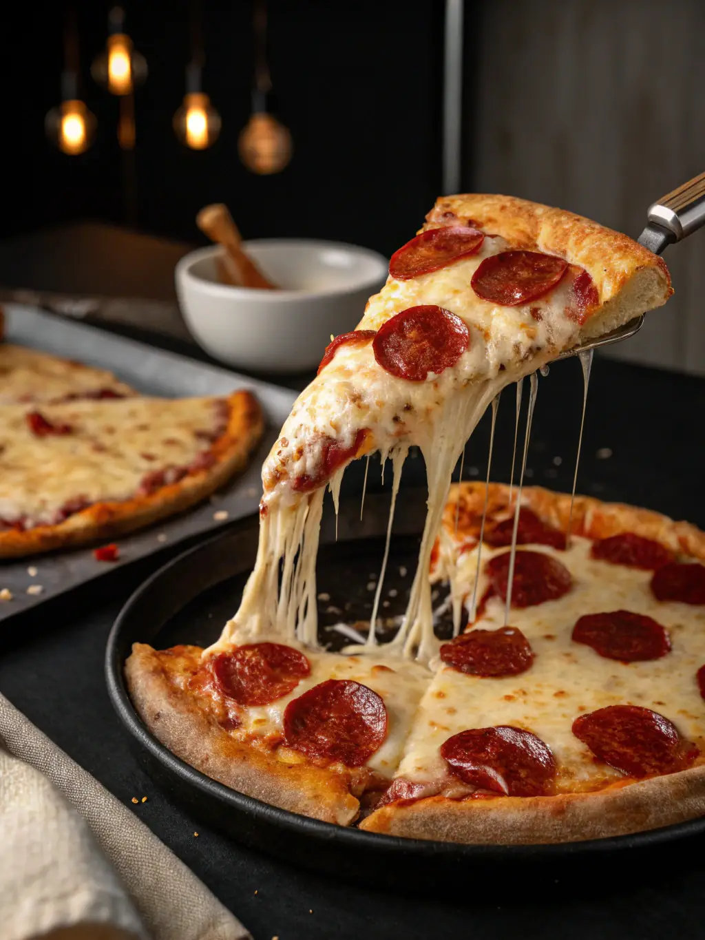 A pepperoni pizza with crispy pepperoni slices, melted cheese, and a tangy tomato sauce on a golden-brown crust, emphasizing the classic and satisfying taste.