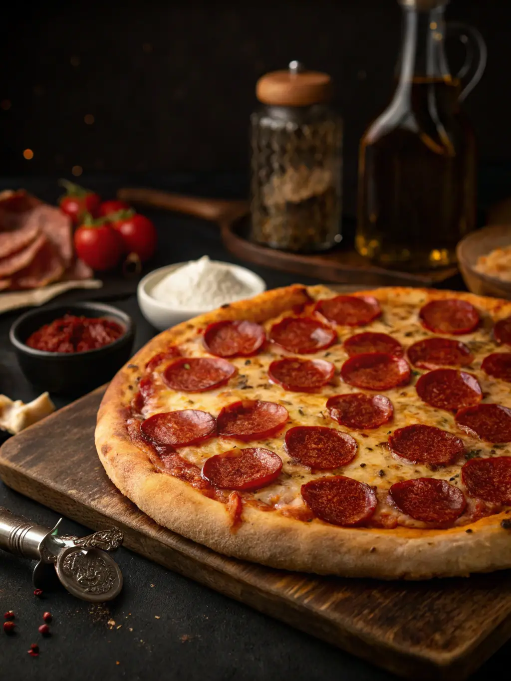 A close-up of a pepperoni pizza with melted cheese and crispy pepperoni slices, highlighting the savory and satisfying nature of the pizza. The background is blurred to focus on the pizza.