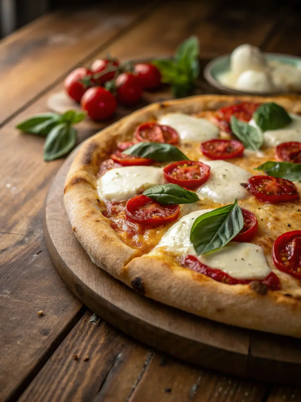 A vibrant, overhead shot of a Margherita pizza with fresh basil leaves, showcasing the simplicity and freshness of the ingredients. The crust is golden brown and slightly charred, indicating a perfectly baked pizza.