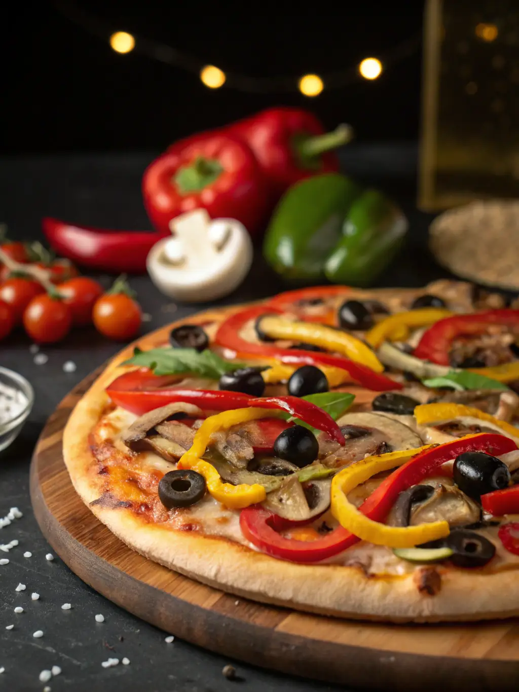 A colorful vegetarian pizza loaded with fresh vegetables like bell peppers, mushrooms, onions, and olives, topped with melted cheese and herbs, showcasing a healthy and delicious option.